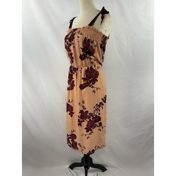 Bobeau Sundress Dress Peach Burgundy Floral Large Ribbon Straps Midi - Picture 2 of 11